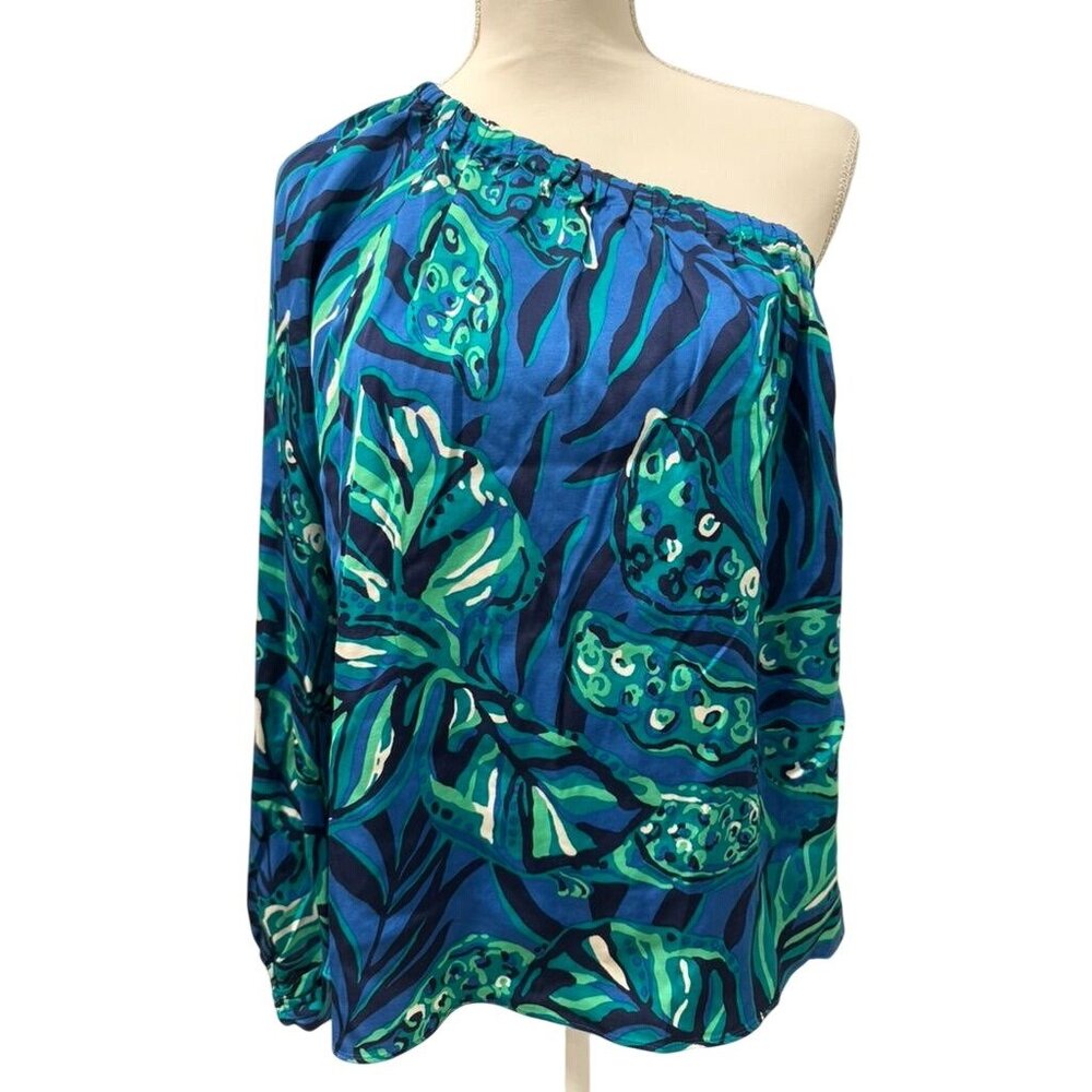 NWT Lilly Pulitzer Adorlee One-Shoulder Silk Top Indigo Breeze - Womens Size M
